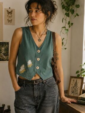 Vintage 90s Butterfly Button Front Crop Vest | Indie Botanical Cottagecore